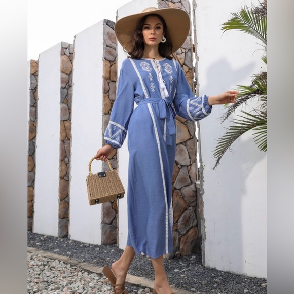 Blue Floral Embroidered tassel tie belted dress - Picture 4 of 4